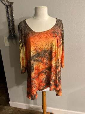 One World Live and Let Live Orange Abstract Print Studded Tunic 3X